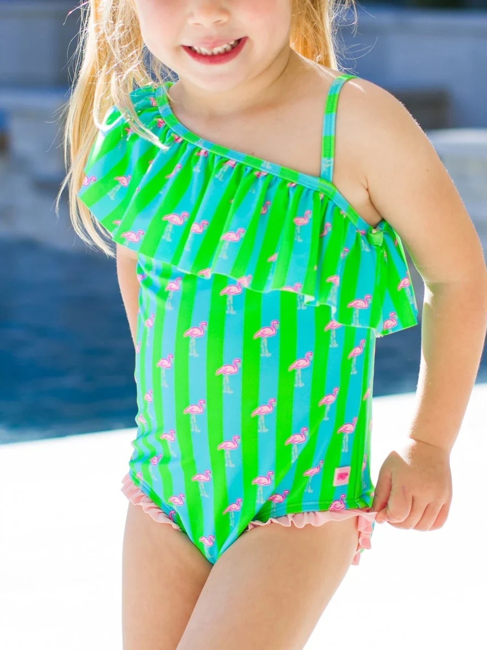 Ruffle Butts girls Green & Pink Flamingo One-Shoulder Kids Swim One Piece 7